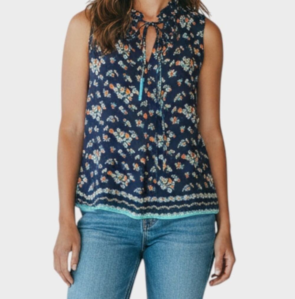 Max Studio Womens Medium Polyester Lined Blue Floral Top Tie Neck